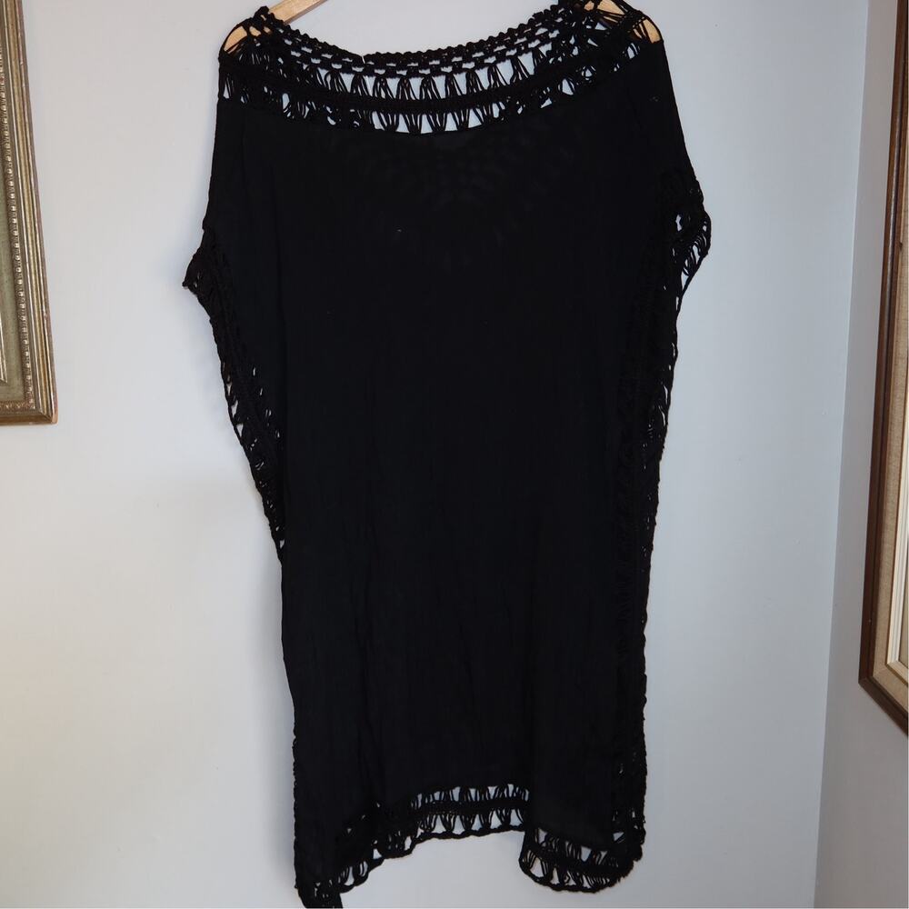 Black Crochet Trim Open Knit Cover Up Tunic Dress One Size - Picture 4 of 4